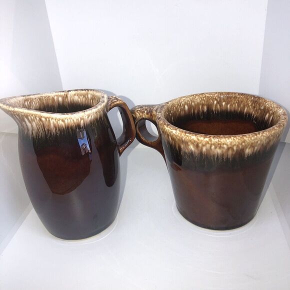 Hull Brown Drip Coffee Mug Cup & Creamer Ovenproof Vintage Made In USA - Picture 1 of 8